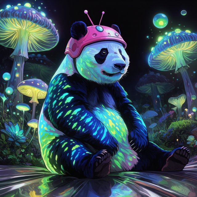 A bioluminescent panda bear, its fur patterns glowing with neon blues and vibrant greens, sits peacefully amidst a grove of luminous, alien flora. Giant, pulsing mushrooms and floating orbs of light create an otherworldly ambiance. The background fades into an inky blackness, making the glowing elements pop. Style: Sci-fi fantasy illustration with sharp, defined lines and glowing contrasts, drawing inspiration from futuristic concept art. — Krea 2 Large