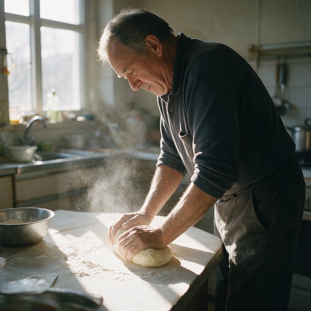 Documentary photo of a home kitchen mid-morning, flour dust in a shaft of window light, an older man kneading dough, natural light only. — Seedream 5.0 Pro