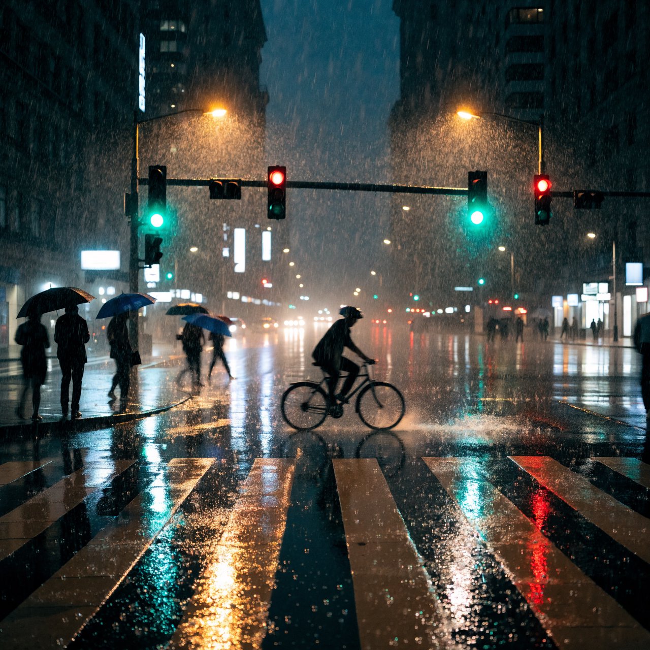 A rain-soaked city crosswalk at night seen from across the street, umbrellas, reflections of traffic lights on wet asphalt, slight motion blur on a passing cyclist. — Recraft v4 Pro