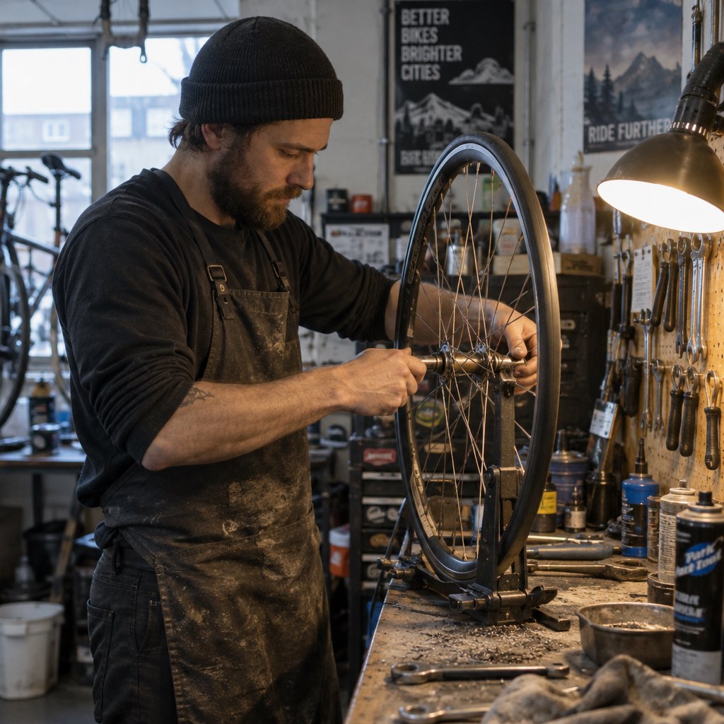 Candid documentary photograph of an adult bicycle mechanic tightening a wheel in a modest repair shop, cool window light mixing with a warm work lamp, 35mm lens with moderate depth of field, fine metal filings caught on the workbench. — GPT Image 2.5 Sunburst