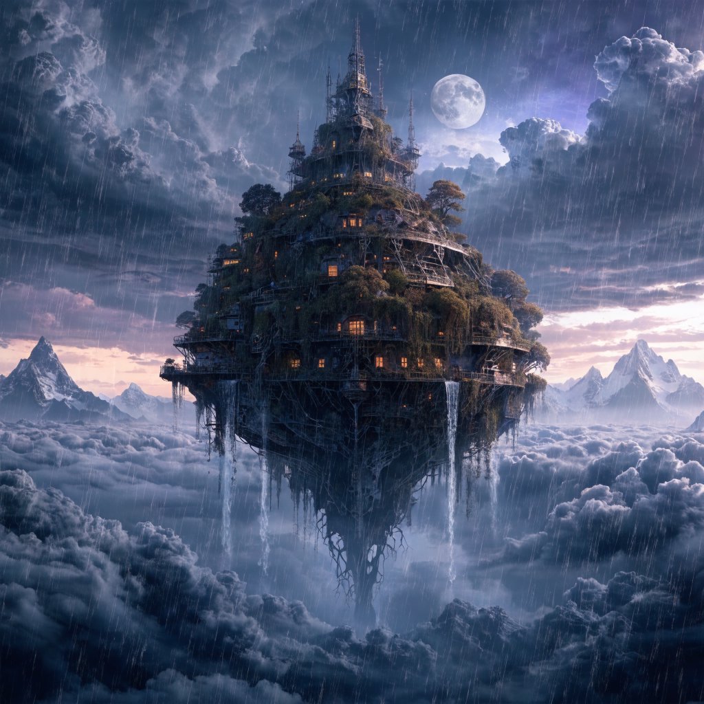 A colossal floating archive-ship drifts above storm clouds, its bronze hull wrapped in hanging gardens and luminous windows, while waterfalls spill into the sky. Distant mountain peaks pierce the cloud sea beneath a violet sunset and cold silver moonlight. — Recraft v4