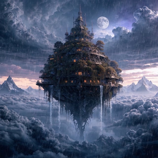 A colossal floating archive-ship drifts above storm clouds, its bronze hull wrapped in hanging gardens and luminous windows, while waterfalls spill into the sky. Distant mountain peaks pierce the cloud sea beneath a violet sunset and cold silver moonlight. — Recraft v4
