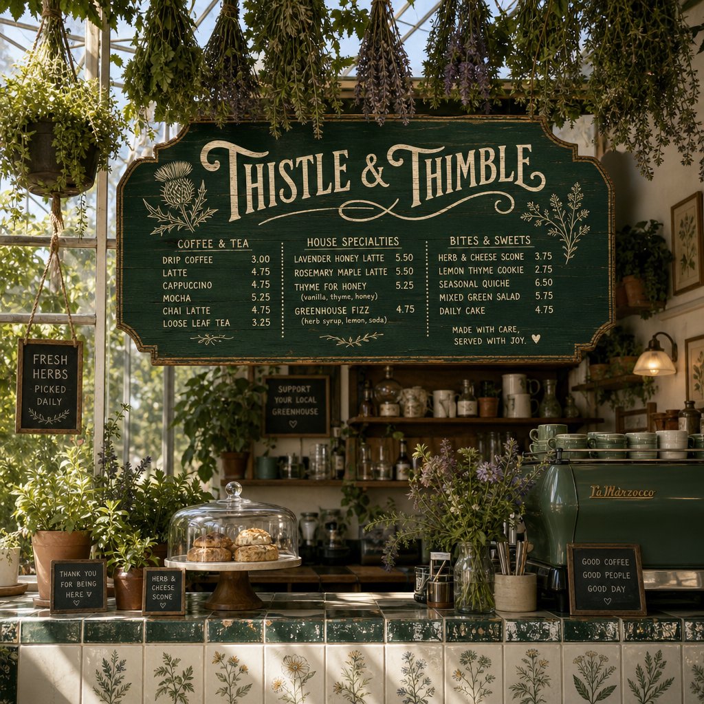At a neighborhood greenhouse café, sunlight filters through hanging herbs above a tiled counter; "THISTLE & THIMBLE" is painted in hand-lettered cream script across a deep green wooden menu board. — GPT Image 2