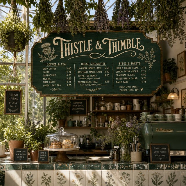 At a neighborhood greenhouse café, sunlight filters through hanging herbs above a tiled counter; "THISTLE & THIMBLE" is painted in hand-lettered cream script across a deep green wooden menu board. — GPT Image 2