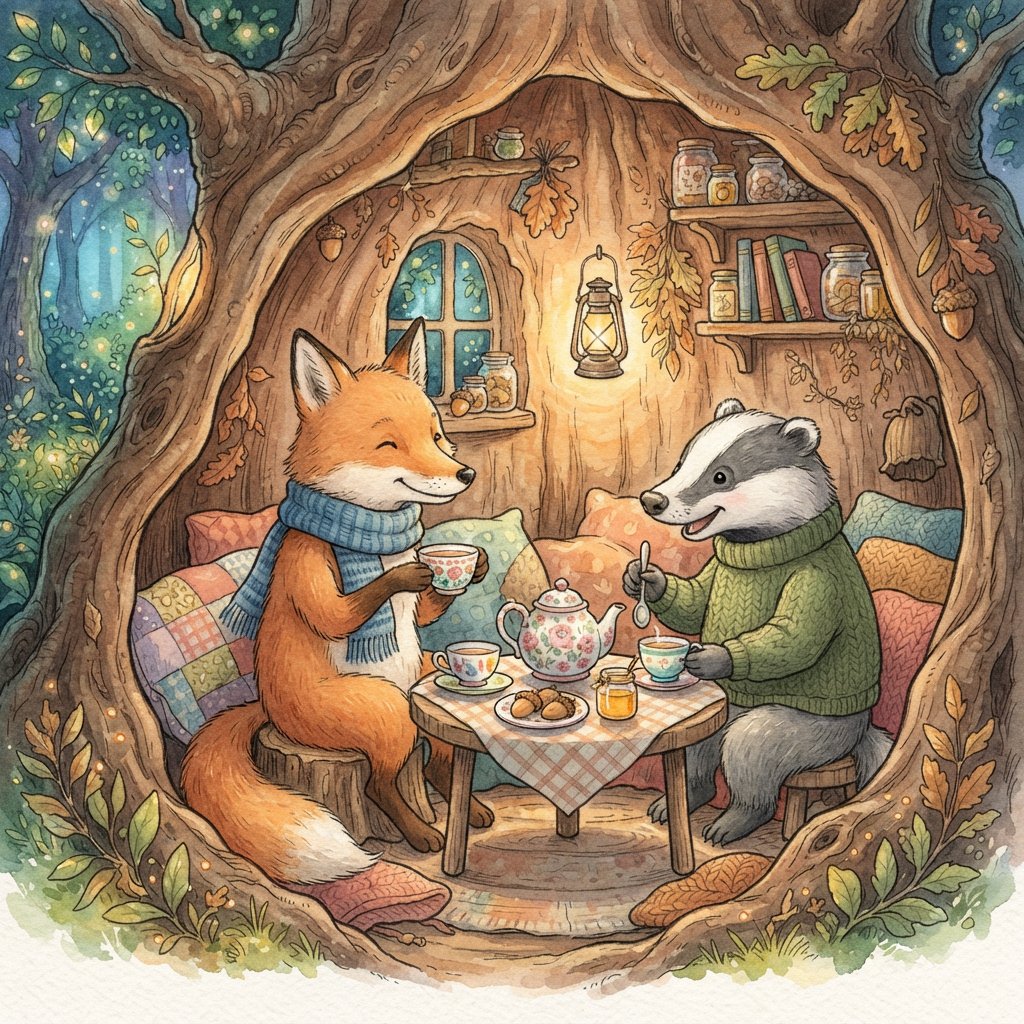 Children's book illustration of a fox and a badger sharing tea in a hollow tree, watercolour and ink, warm and gentle. — Nano Banana 2 Lite