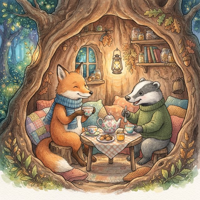 Children's book illustration of a fox and a badger sharing tea in a hollow tree, watercolour and ink, warm and gentle. — Nano Banana 2 Lite