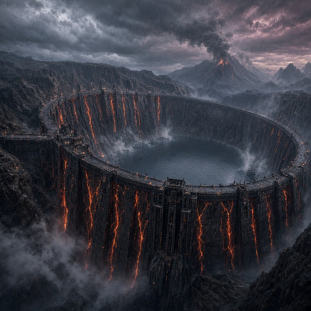 A colossal ring-shaped dam bridges a volcanic caldera, its black stone spillways veined with molten light. Rain veils the terraces as steam rises into a bruised dusk sky. — Grok Imagine Image 2