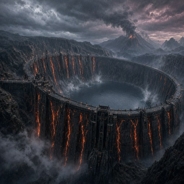 A colossal ring-shaped dam bridges a volcanic caldera, its black stone spillways veined with molten light. Rain veils the terraces as steam rises into a bruised dusk sky. — Grok Imagine Image 2