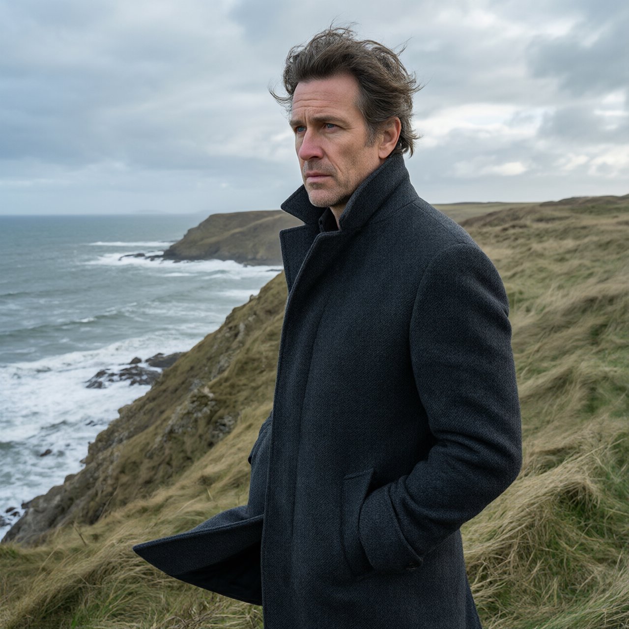 Wind lifts the hem of a charcoal wool coat as an adult man in his late 40s keeps a pensive gaze. The portrait frames him against a windswept coastal bluff beneath cool, cloud-filtered daylight. — Qwen Image 3.0
