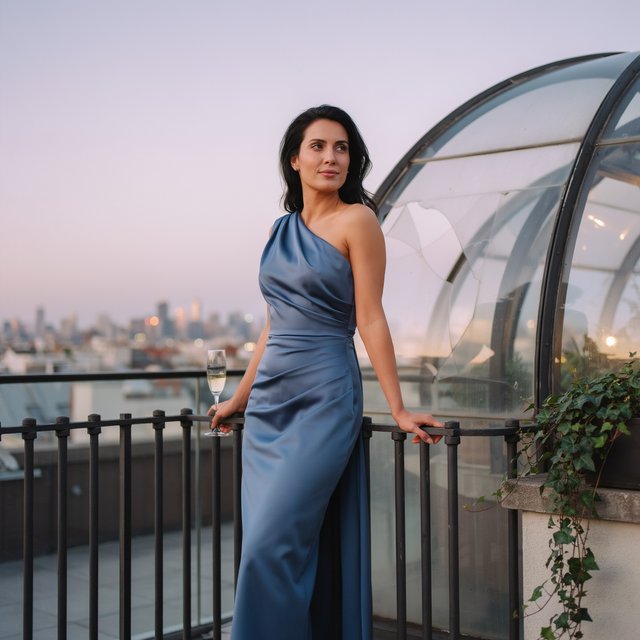 Editorial glamour photograph of one adult woman in a sapphire one-shoulder evening gown, leaning naturally against a rooftop conservatory railing at dusk, flattering lavender light, glass reflections, composed expression, elegant fashion-magazine atmosphere. — Ideogram v4
