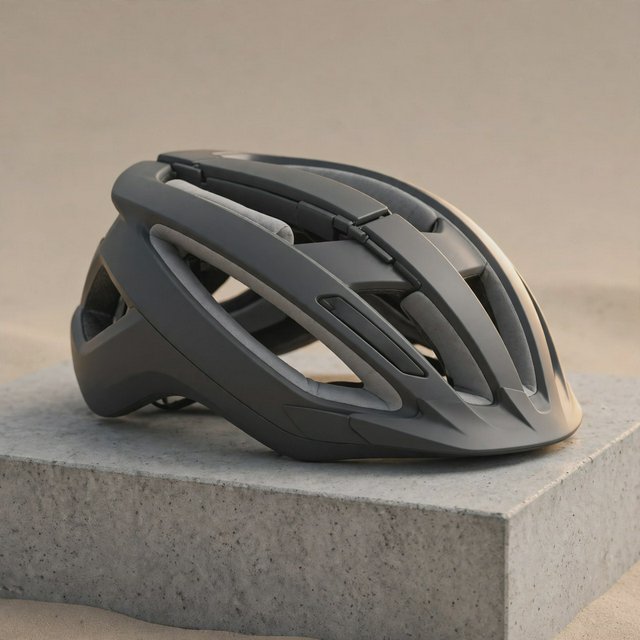 Commercial product photograph of an unbranded folding bicycle helmet made from matte charcoal polymer with soft gray padding, resting on a honed concrete plinth against a muted sand background, illuminated by a broad overhead softbox and gentle rim light. — Muse Image 1.0