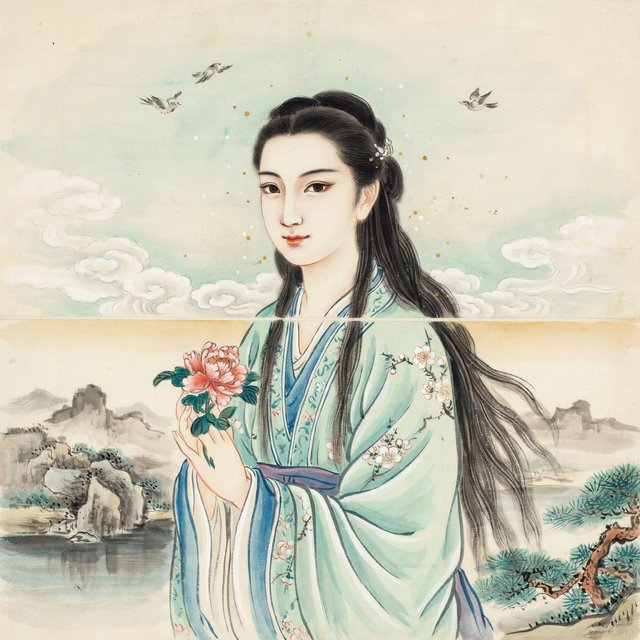 Heaven above, earth below. Ink-painting studio. Chinese painting style. Alluring. Peerless adult beauty. Radiant. — Ideogram v4.5