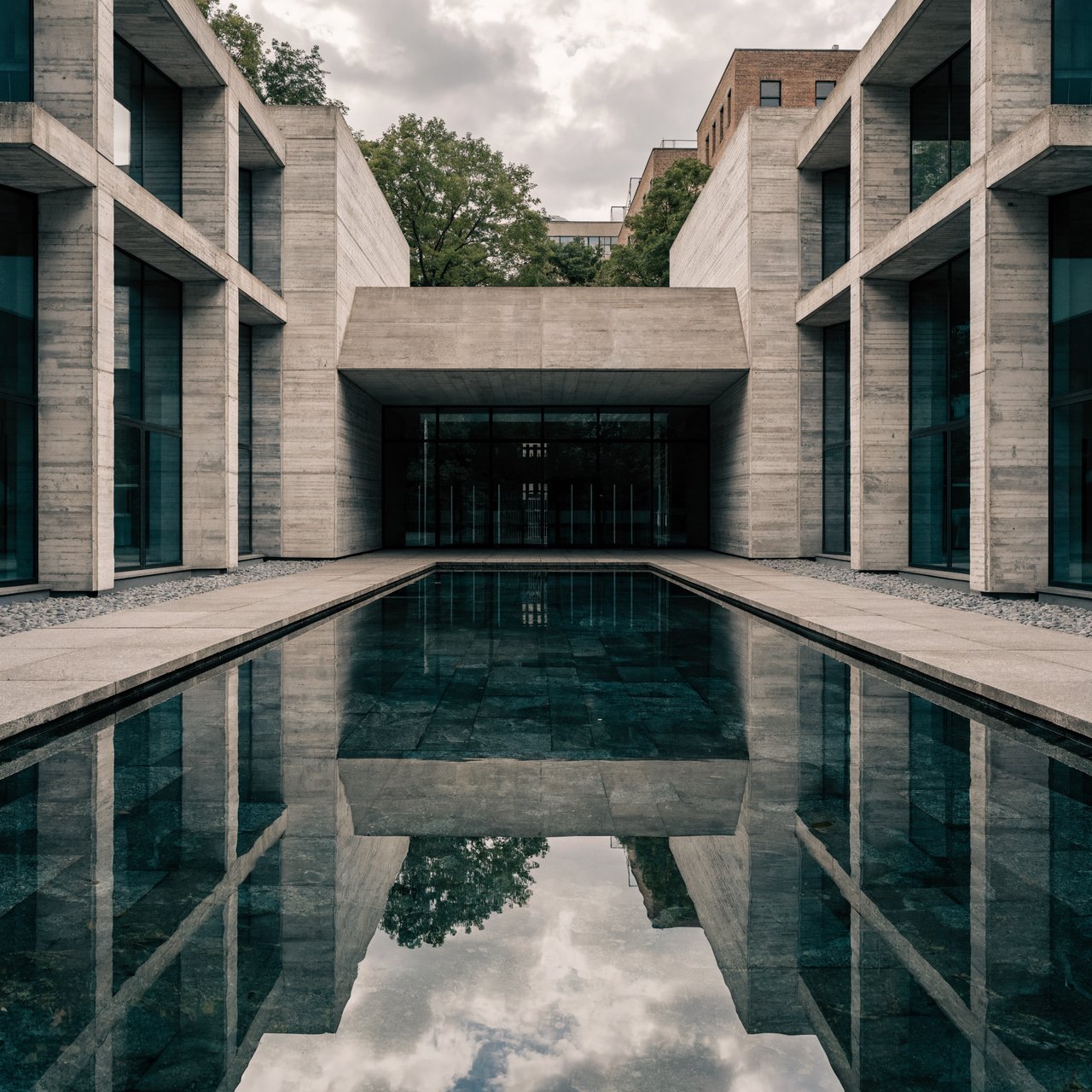 Exterior of a compact brutalist art museum, pale board-formed concrete, deep rectangular window recesses, a broad cantilevered entrance canopy, low reflecting pool, overcast afternoon light, viewed from a quiet plaza at eye level, crisp orthogonal architectural photography. — Recraft v4 Pro
