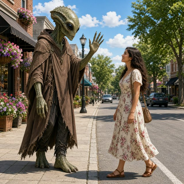 Alien monster walking down the street, greeting a beautiful woman walking toward him down the street on a lovely sunny day! — Grok Imagine Image 2