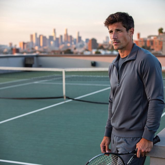 Editorial glamour photograph of an adult man in a slate-gray fitness set, pausing naturally beside a rooftop tennis court at sunrise, soft flattering light catching his focused expression and the city skyline beyond. — ImagineArt 2
