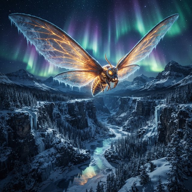 A cathedral-sized mothlike creature glides above a frozen ravine, its translucent wings veined with amber light and fringed with frost. Tiny mountain pines cling to the cliffs as aurora colors ripple across the snow. — Nano Banana 2 Lite