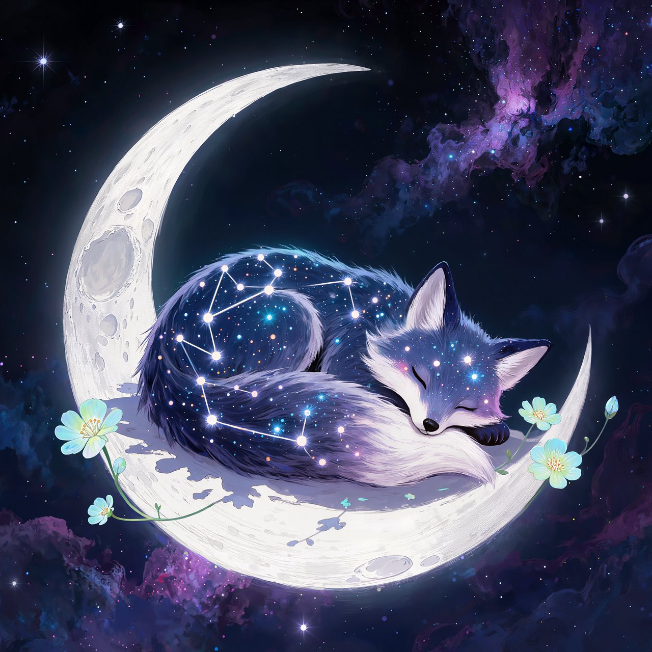 A miniature, intricately detailed fox crafted from living constellations, curled asleep atop a crescent moon. Surrounding it are delicate, bioluminescent flowers that pulse with gentle light, casting intricate shadows. The background is a deep indigo sky filled with swirling nebulae and distant, twinkling stars. The overall aesthetic is dreamlike and whimsical, with a painterly finish and a touch of cosmic wonder. — Kling v3