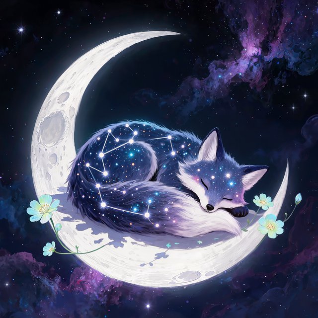 A miniature, intricately detailed fox crafted from living constellations, curled asleep atop a crescent moon. Surrounding it are delicate, bioluminescent flowers that pulse with gentle light, casting intricate shadows. The background is a deep indigo sky filled with swirling nebulae and distant, twinkling stars. The overall aesthetic is dreamlike and whimsical, with a painterly finish and a touch of cosmic wonder. — Kling v3