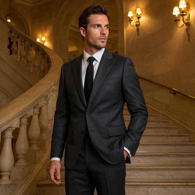 A tall adult man in a charcoal evening suit pauses halfway down a sweeping hotel staircase, caught glancing toward the ballroom as amber sconces cast sculpted light across stone; crisp tailoring and composed fashion-magazine polish. — Model 18