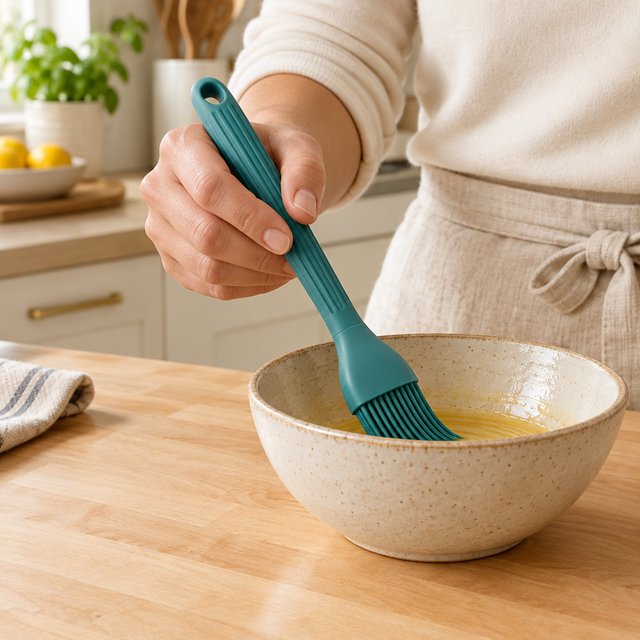 Across a honed maple counter, an adult hand guides an unbranded silicone pastry brush over a ceramic bowl; its ribbed teal handle catches diffused key light and warm bounce against a cream kitchen background, face cropped out, no lettering, commercial product image. — GPT Image 2.5 Flare