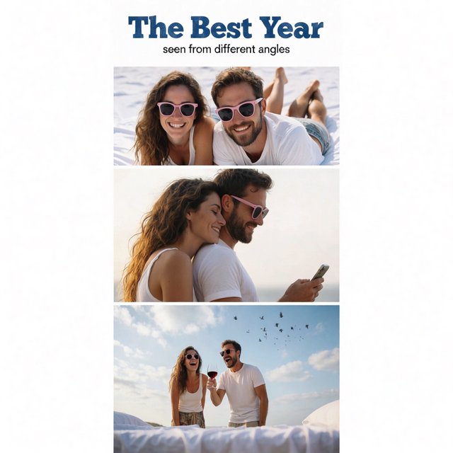 A realistic image where the theme is all about people having the best year ever. 4–6 moments seen from different angles. At the top it says, "The Best Year seen from different angles". — Krea 2 Medium