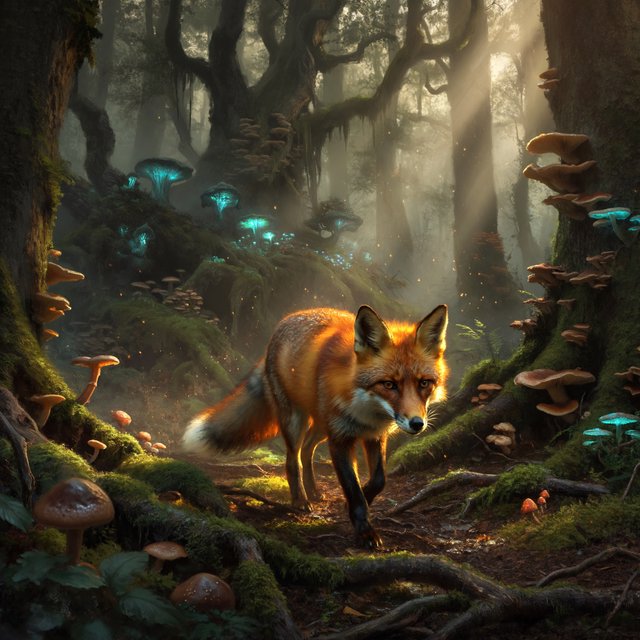 A cunning fox with fur like molten gold cautiously steps through a dense, ancient forest. Shafts of light pierce the canopy, illuminating dust motes dancing in the air. Strange, glowing mushrooms cast an otherworldly light on the moss-covered ground. The style is a blend of dark fantasy illustration and hyperrealism, with a focus on dramatic, cinematic lighting. — ImagineArt 2