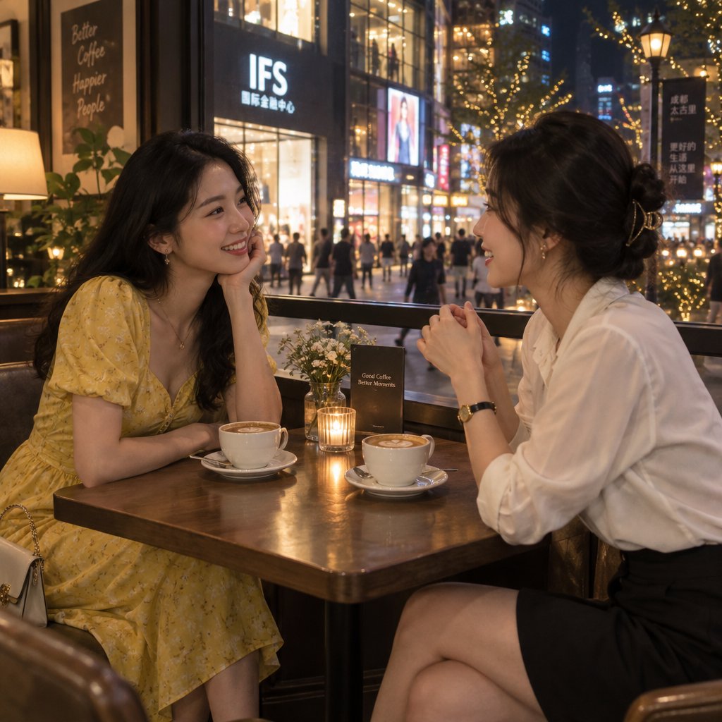 A cozy nighttime café scene featuring two young adult Chinese women seated at a table by a window. One wears a yellow dress, and the other, seated opposite her, wears a white blouse and black skirt. They are chatting warmly with each other, with two cups of coffee on the table. Outside the window, a lively shopping street glows with evening lights, creating a relaxed, intimate, and cinematic atmosphere. — GPT Image 2.5 Flare