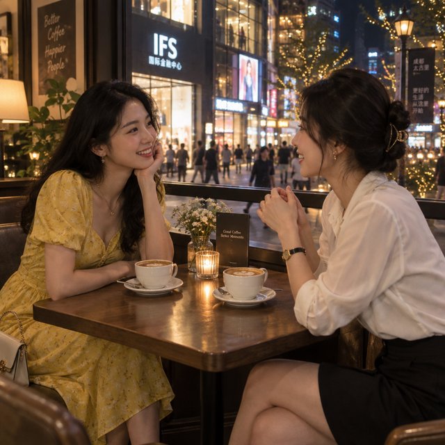 A cozy nighttime café scene featuring two young adult Chinese women seated at a table by a window. One wears a yellow dress, and the other, seated opposite her, wears a white blouse and black skirt. They are chatting warmly with each other, with two cups of coffee on the table. Outside the window, a lively shopping street glows with evening lights, creating a relaxed, intimate, and cinematic atmosphere. — GPT Image 2.5 Flare
