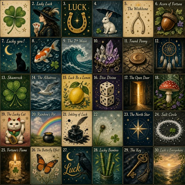 Many panels. Each panel represents an item, thing, creature, or scene that represents Luck. The word "Luck" appears at least once in the image. Be as creative as possible. — Grok Imagine Image 2