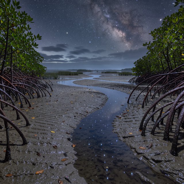 A mangrove delta spreads beneath a star-filled midnight sky after a humid shower; rain-beaded roots and fine silt ridges sharpen the foreground, while winding channels vanish among distant reed islands. — Model 1