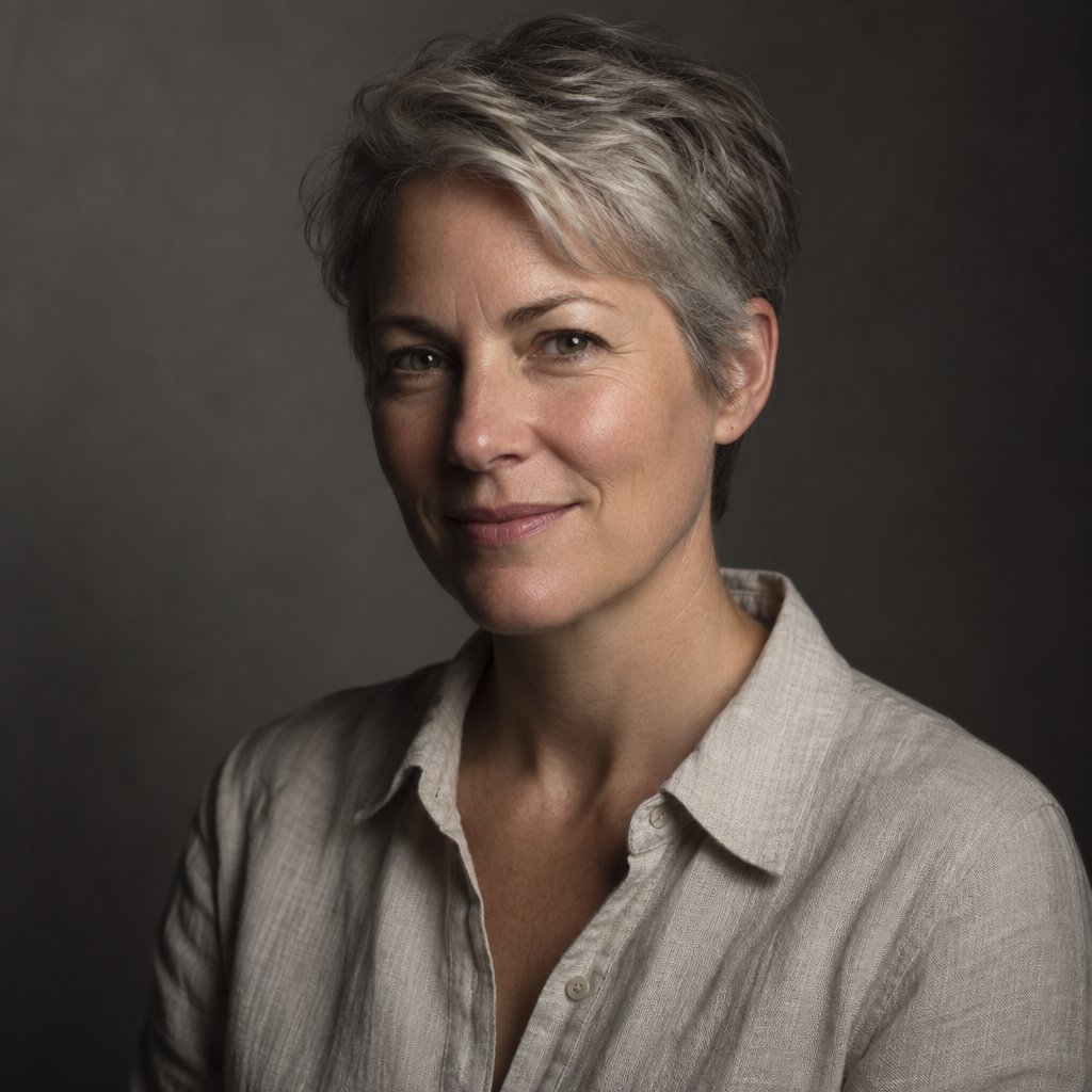 Studio portrait of a woman in her 40s with short grey hair and a linen shirt, Rembrandt lighting, neutral grey backdrop, slight smile. — GPT Image 2.5 Sunburst