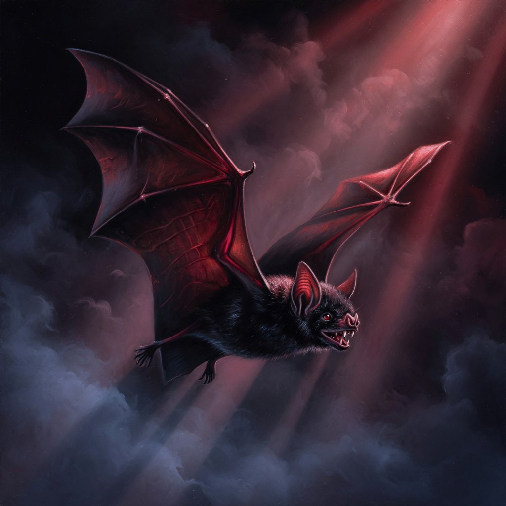 Vampire bat art, volumetric fog, chiaroscuro lighting, subsurface scattering. — Grok Imagine Image Quality