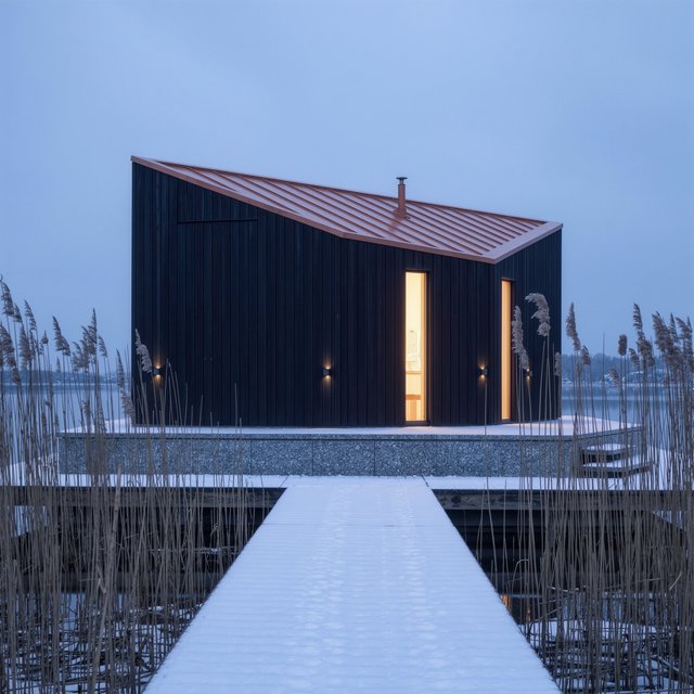 Exterior of a Scandinavian modernist lakeside sauna pavilion, blackened timber cladding, pale granite plinth, copper roof, winter blue-hour light glowing through narrow windows, viewed from a snowy reed-lined path, straight structural geometry and plausible construction. — Kling v3 Omni