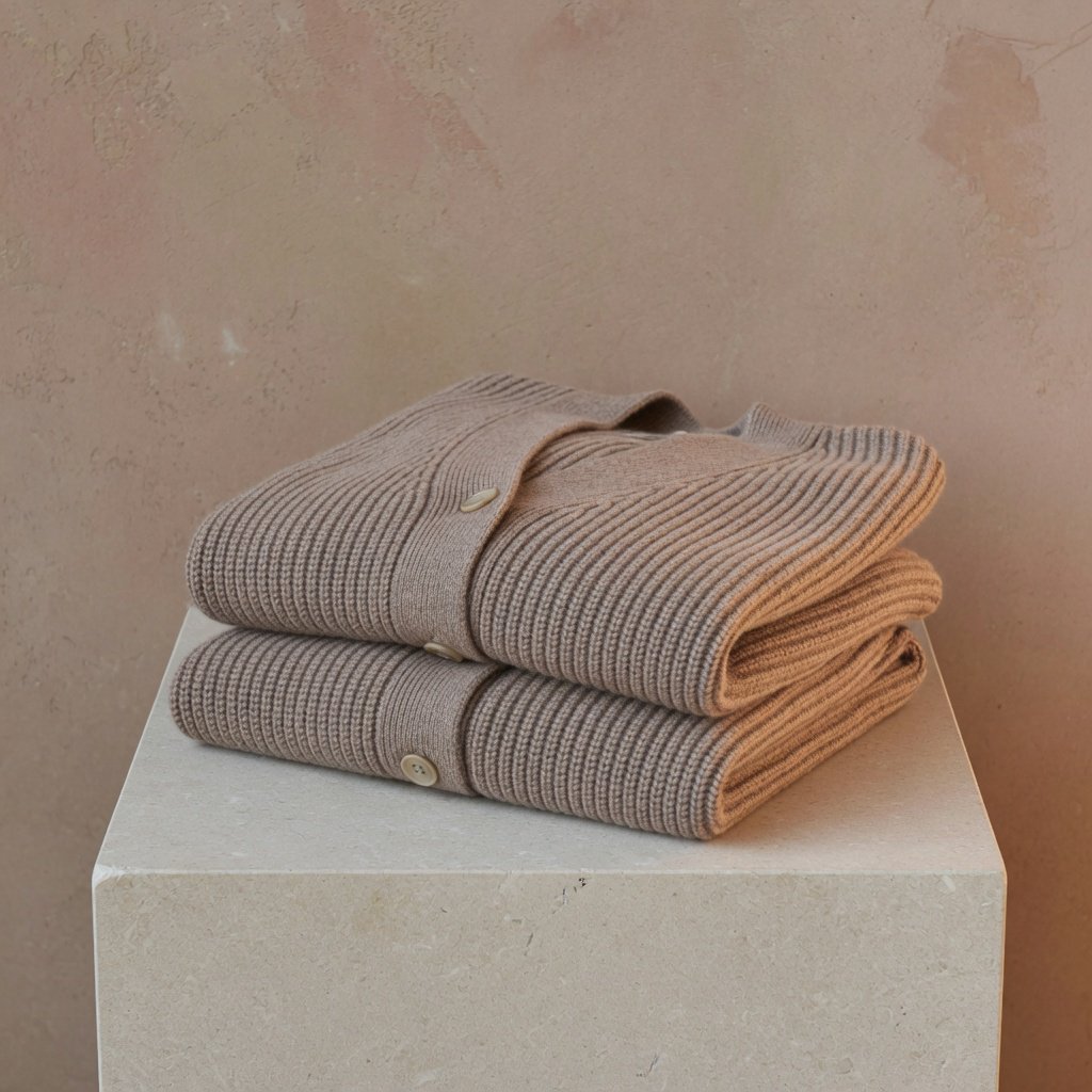 A folded unbranded merino cardigan rests on a honed limestone plinth, its chunky ribbed wool surface softly catching broad overhead diffusion and warm side bounce against a muted clay backdrop, with no tags, lettering, or graphics. — Grok Imagine Image Quality