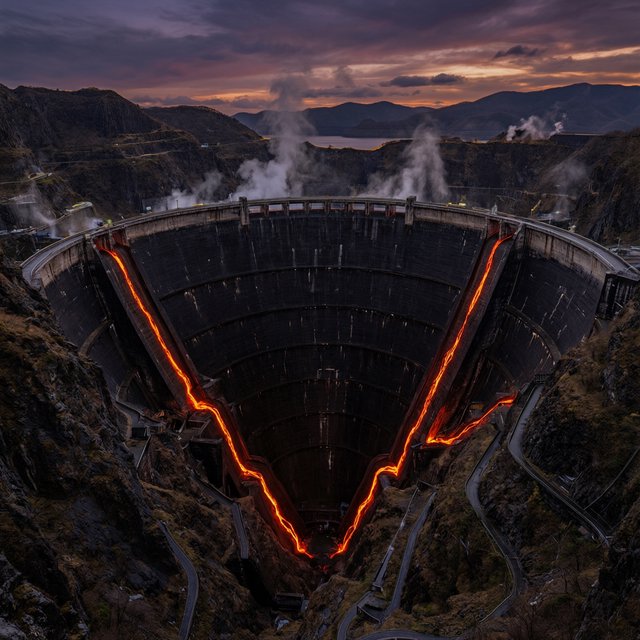 A colossal ring-shaped dam bridges a volcanic caldera, its black stone spillways veined with molten light. Rain veils the terraces as steam rises into a bruised dusk sky. — Qwen Image 3.0 Pro