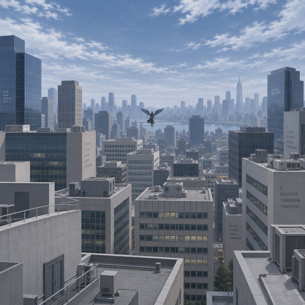 Clean cel-shaded painted cityscape, wide high-angle elevated rooftop level shot looking out over dense modern downtown office buildings, small dark winged figure hovering above central midground rooftops, pale overcast deep blue sky with wispy white clouds, diffused even daylight lighting with soft subtle ambient shadows, muted cool grey, beige, blue building facades with uniform office windows, flat concrete building rooftops, receding hazy distant city skyline with atmospheric perspective, eye level relative to building tops, no outlines, smooth flat color rendering, no grain. — GPT Image 2.5 Sunburst