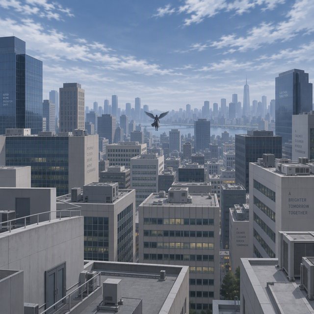 Clean cel-shaded painted cityscape, wide high-angle elevated rooftop level shot looking out over dense modern downtown office buildings, small dark winged figure hovering above central midground rooftops, pale overcast deep blue sky with wispy white clouds, diffused even daylight lighting with soft subtle ambient shadows, muted cool grey, beige, blue building facades with uniform office windows, flat concrete building rooftops, receding hazy distant city skyline with atmospheric perspective, eye level relative to building tops, no outlines, smooth flat color rendering, no grain. — GPT Image 2.5 Sunburst