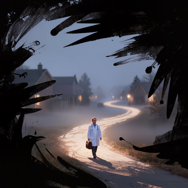 Walking in a dream, with ravens scribbled along the edges, a doctor on a house call — Kling v3