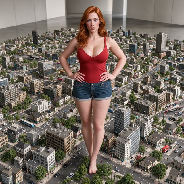 A beautiful adult woman with red hair, pale skin, and blue eyes. She has a slim but curvy body, a very large bust, and thick thighs. She has long pink manicured nails and is wearing a red low-cut singlet and tight denim shorts, along with light makeup. She is standing in a large empty space. A realistic-looking miniature city covers the whole floor, and the woman is standing in the middle of it with her hands on her hips, looking at the viewer. — FLUX 3 Image Klein