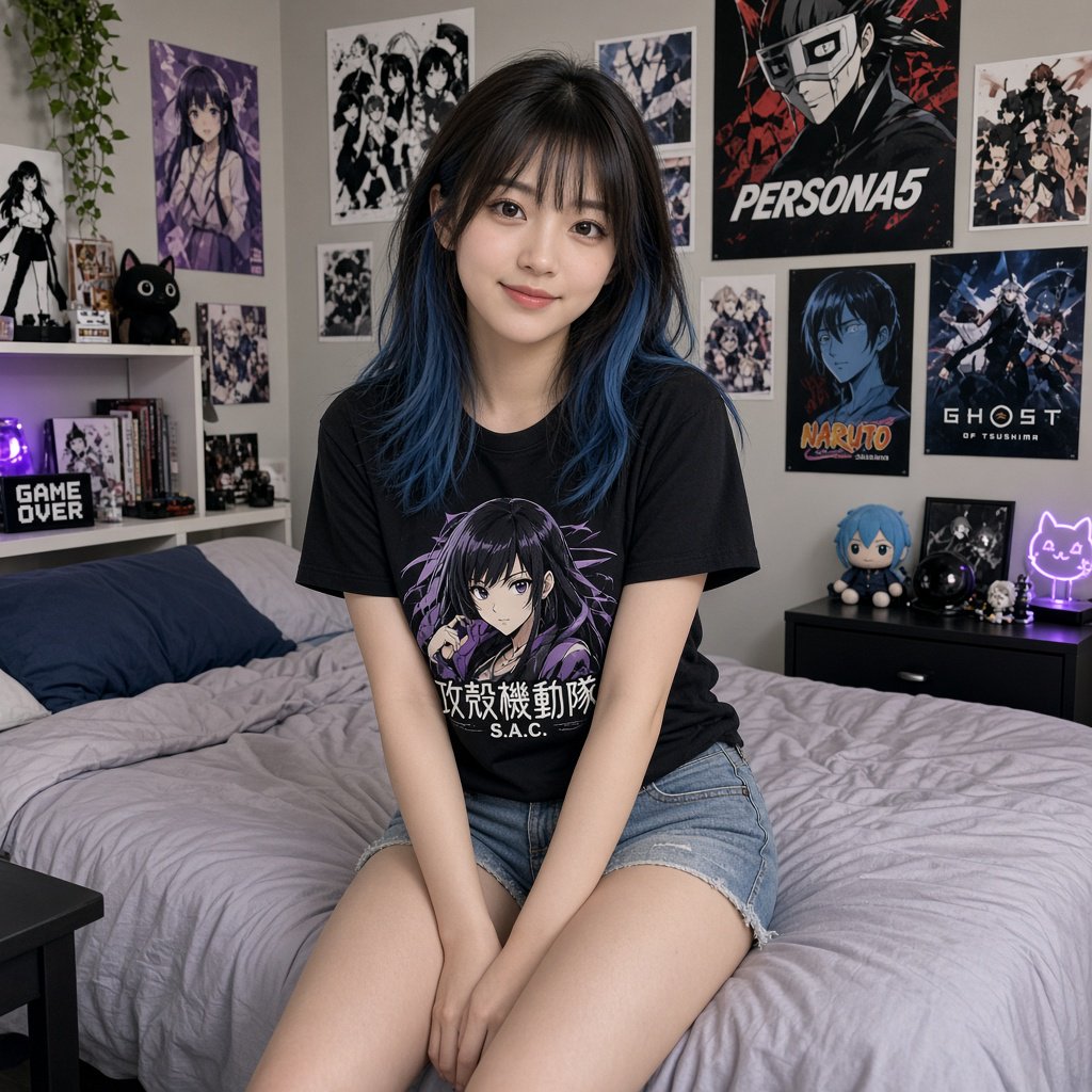 A young beautiful woman of Chinese descent, she is twenty years old, sitting in a bedroom, sitting on the edge of her bed. She is wearing a black anime-themed shirt and denim shorts. She has dark brown hair with light blue highlights, brown eyes, pale skin. Her bedroom has anime- and video game-inspired posters and trinkets. Looking at the viewer, smiling. — Grok Imagine Image 2
