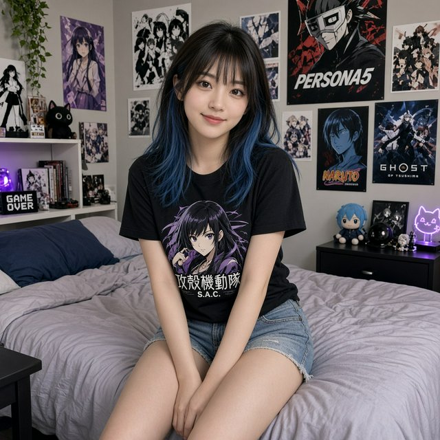 A young beautiful woman of Chinese descent, she is twenty years old, sitting in a bedroom, sitting on the edge of her bed. She is wearing a black anime-themed shirt and denim shorts. She has dark brown hair with light blue highlights, brown eyes, pale skin. Her bedroom has anime- and video game-inspired posters and trinkets. Looking at the viewer, smiling. — Grok Imagine Image 2