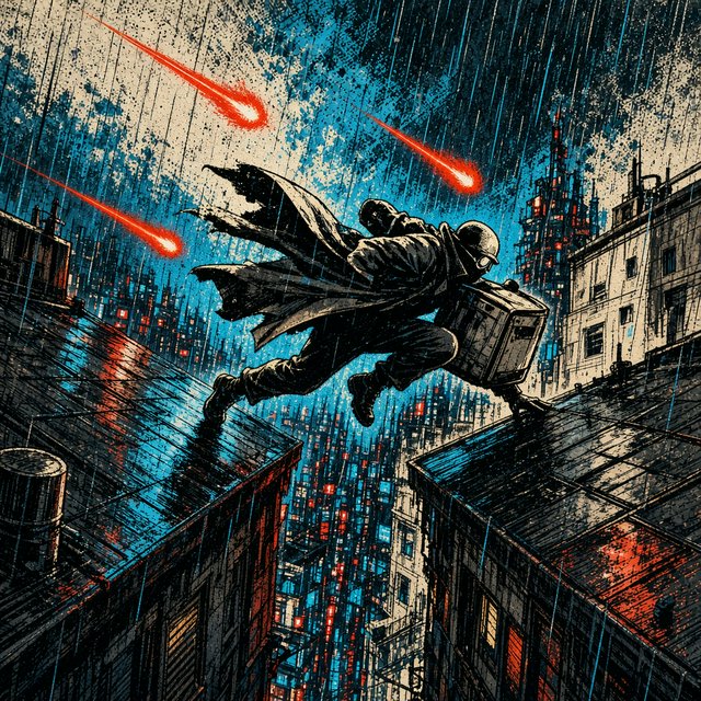 An adult rooftop courier vaults between rain-dark towers, coat snapping as signal flares streak behind; bold ink comic-panel illustration with dense halftone shadows, palette of electric cyan, vermilion, charcoal, and cream, no speech bubbles. — Grok Imagine Image 2