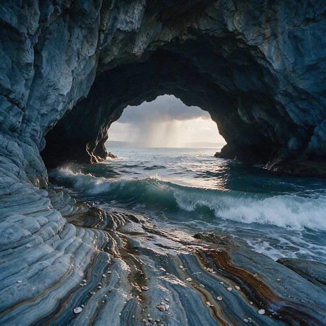 Inside a blue-grey sea cave, incoming swells curl over ribbed limestone beneath a clearing rain squall in late afternoon; wet mineral bands and shell fragments sharpen the entrance ledge, while the cavern mouth frames hazy open water. — Seedream 5.0 Pro