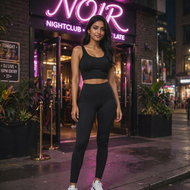 A very pretty Indian woman, 19–27 years old. She is slim with wide hips and is wearing a fitted crop top and leggings. Full-body image. Outside a nightclub. — Model 13