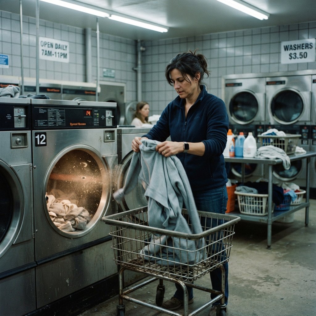 Candid documentary photograph of an adult woman sorting clothes in a self-service laundromat, cool fluorescent light, 35mm lens with moderate depth of field, loose lint suspended above a tumbling machine, worn baskets and tiled walls rendered naturally. — Nano Banana 2 Lite