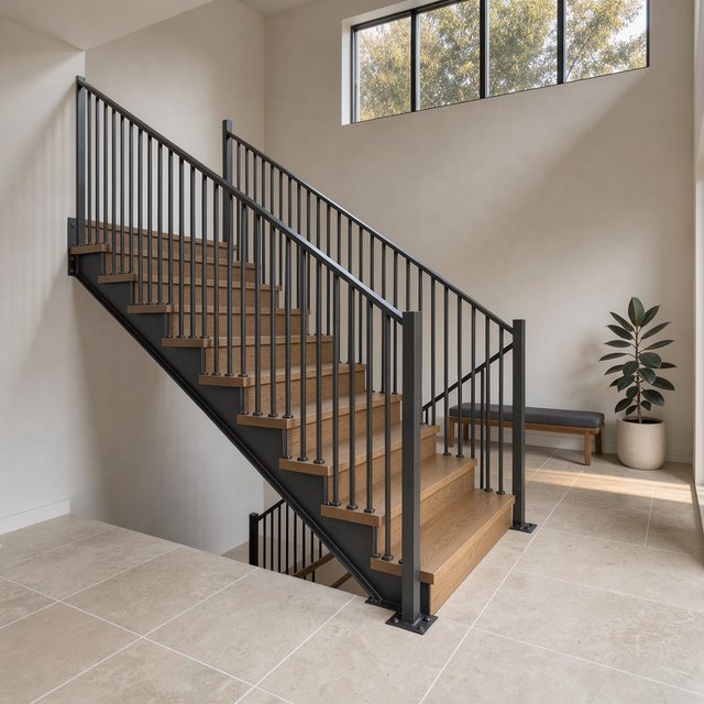 Beneath a pale limestone stairwell, a restrained mid-century modern interior frames a straight oak stair with blackened-steel stringers and limestone landings; afternoon clerestory light, viewed from the upper landing, reveals credible connections and aligned geometry. — FLUX 3 Image