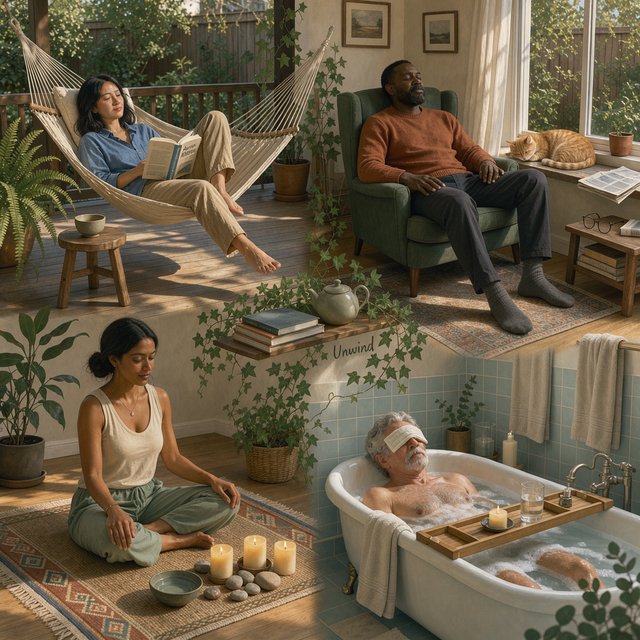 An image representing the word and concept of “Relaxing.” There are at least 4 moments that represent this. The word “Relax” and another word representing it are hidden naturally in the background. — FLUX 3 Image