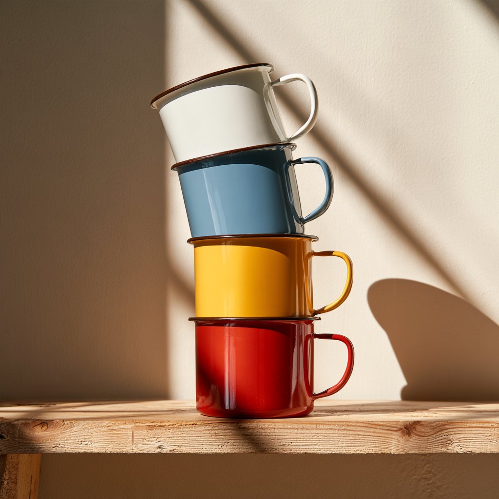 Exactly four enamel camping cups form a vertical tower on a pale wooden shelf, bottom to top: red, yellow, blue, white; all handles face right. Soft morning light, nothing else. — Midjourney V8.2