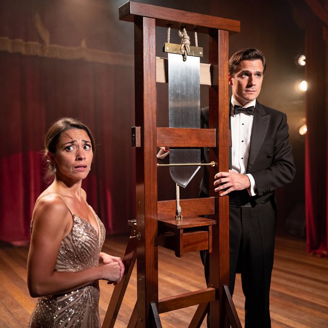 A magician's act on a well-lit stage. A well-dressed magician and glamorous adult female assistant have just unveiled the magician's guillotine. The adult female assistant fakes a worried look, knowing she will shortly participate in the illusion. — ImagineArt 2