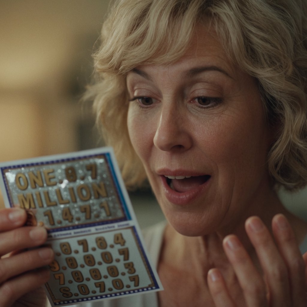 A realistic scene of a random adult person, either Black, white, or Asian, scratching a scratch ticket and discovering that they have won one million dollars. — Krea 2 Large